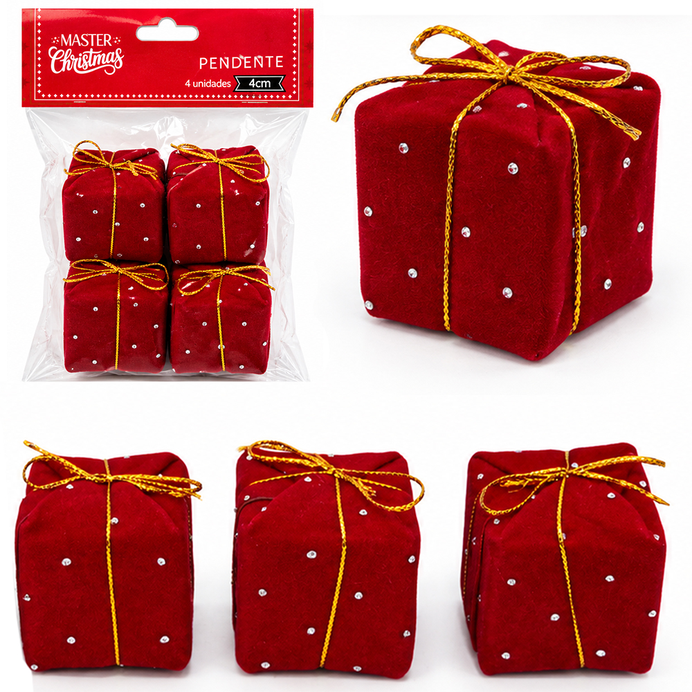 PENDENTE CAIXA DE PRESENTE VELUDO VERMELHO COM STRASS 4 PECAS 4CM
