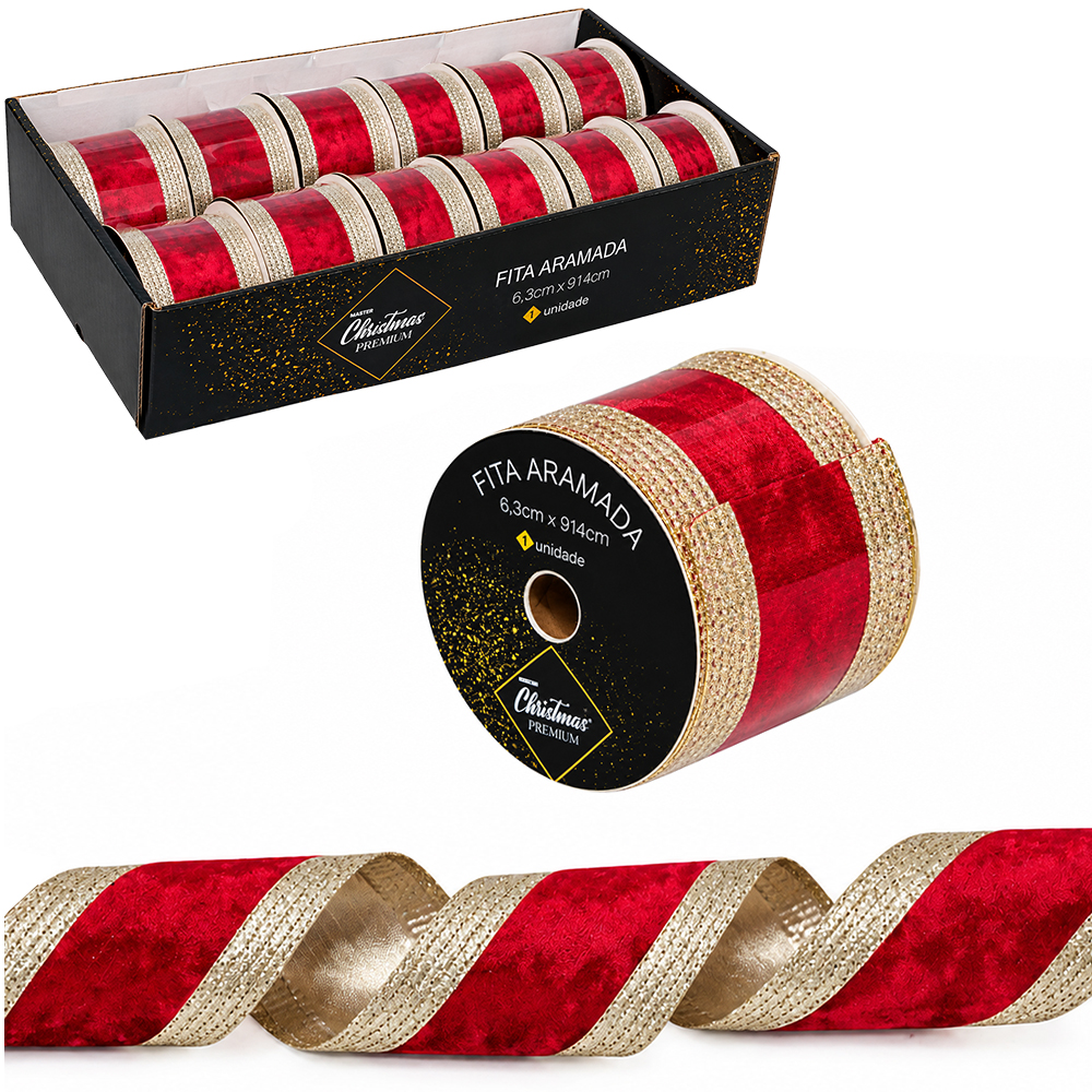 FITA ARAMADO VELUDO VERMELHO COM BORDA CHAMPAGNE PREMIUM 6,3X914CM DP PLAY