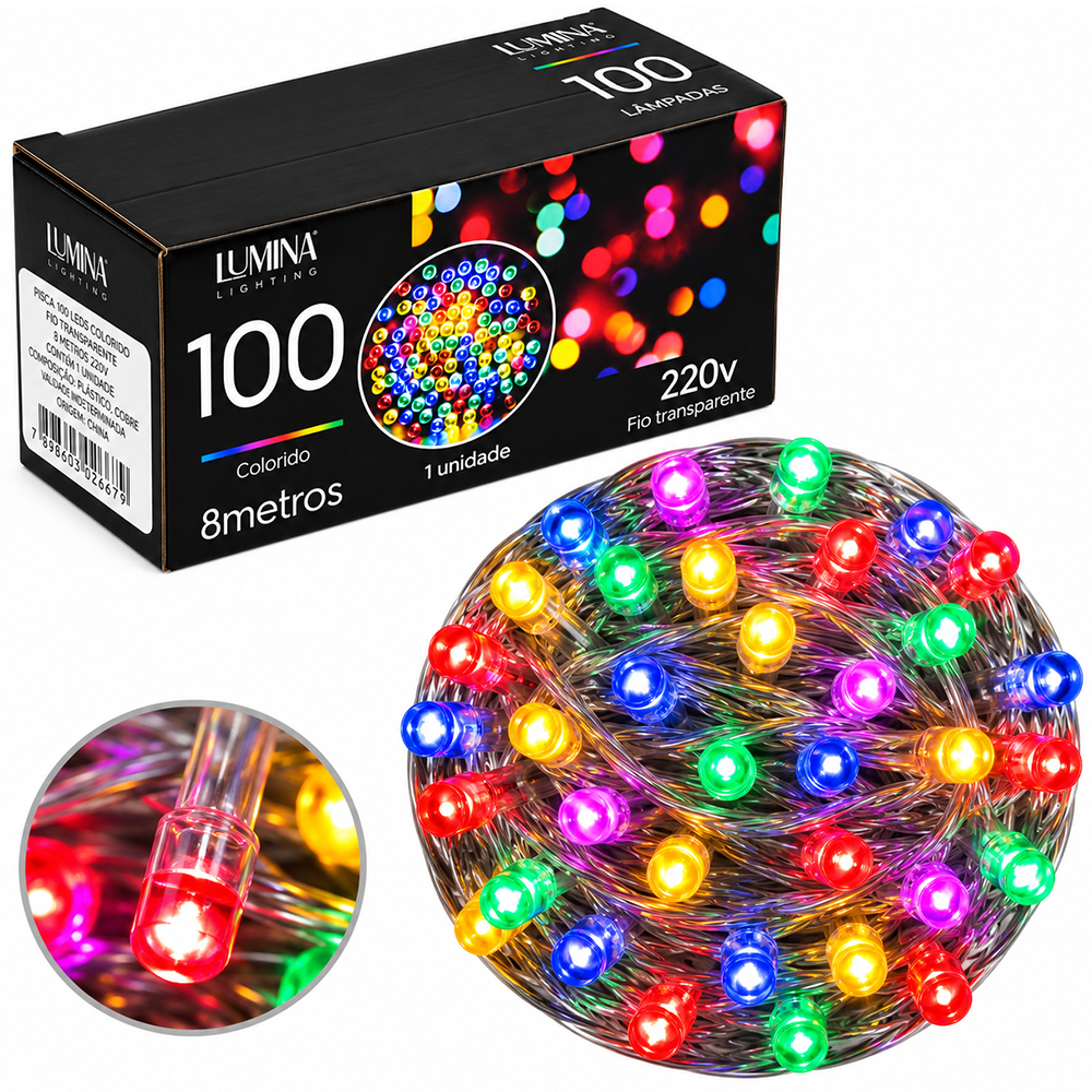 PISCA 100 LEDS COLORS 220V 50HZ 8 FUNCOES 8M FIO TRANSPARENTE LUMINA HOME