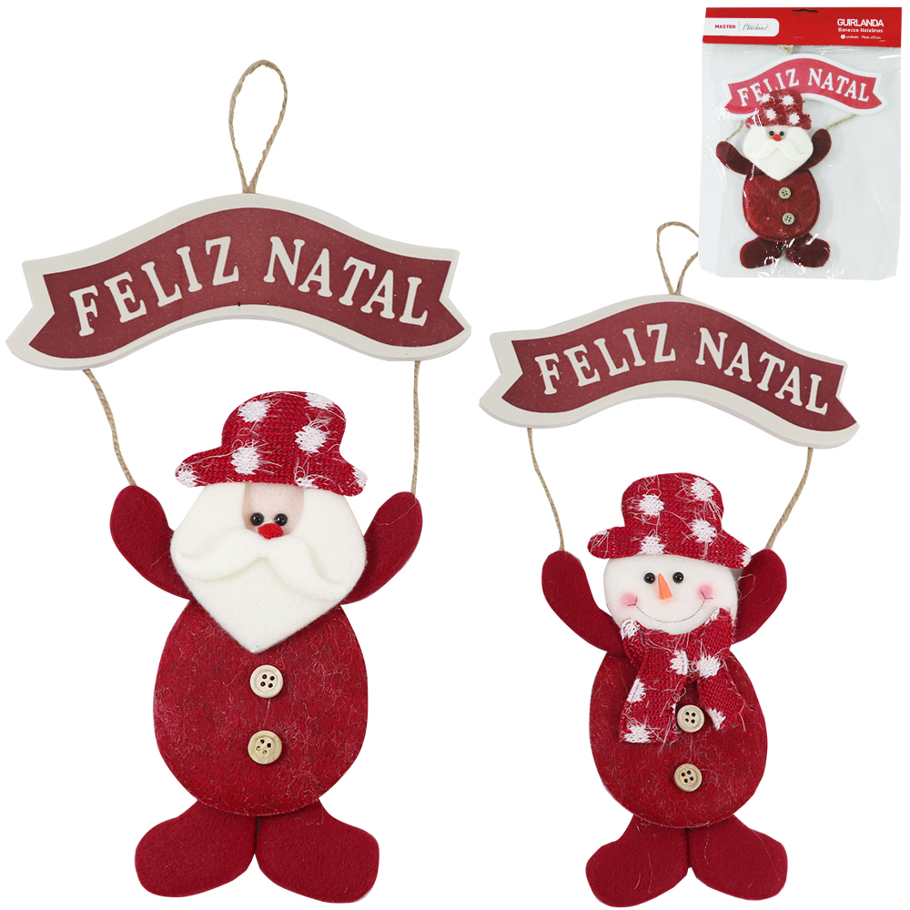 GUIRLANDA PAPAI NOEL / BONECO DE NEVE COM PLACA FELIZ NATAL 27X19CM