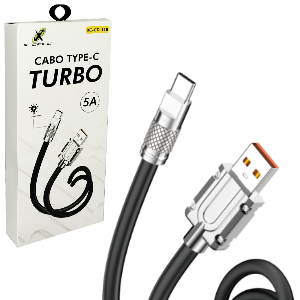 CABO PARA CELULAR TURBO USB X TIPO C 5A COM LUZ X-CELL 1M