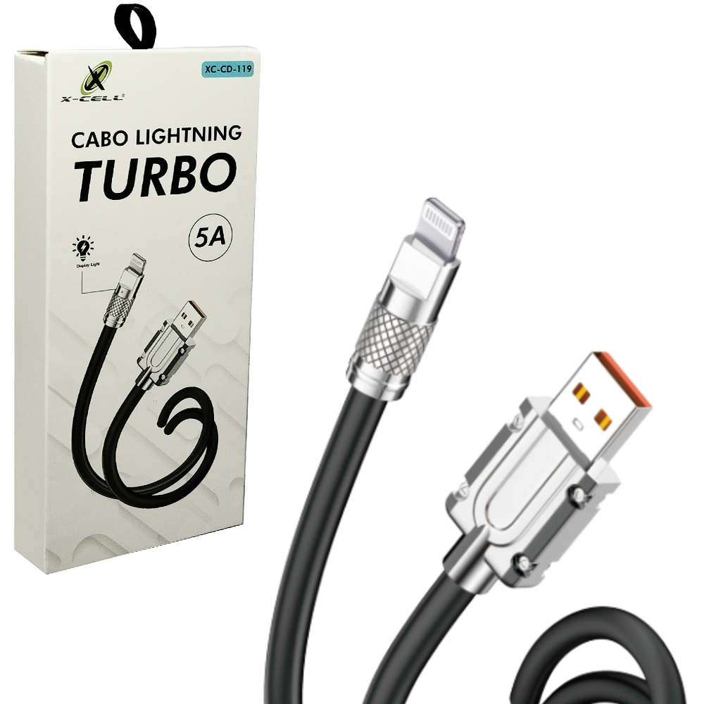 CABO PARA CELULAR TURBO USB X IP5/6/7/8/X 5A COM LUZ X-CELL 1M 