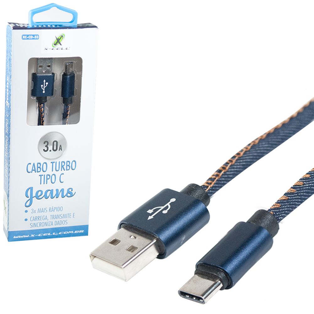 CABO PARA CELULAR TURBO USB X TIPO C JEANS 3,0A X-CELL 1M