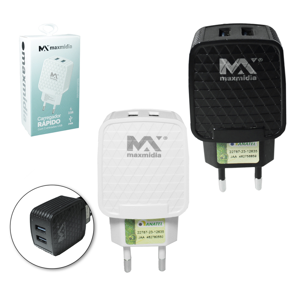 CARREGADOR DE TOMADA BIVOLT RAPIDO COM 2 SAIDAS USB 3.6A MAXMIDIA