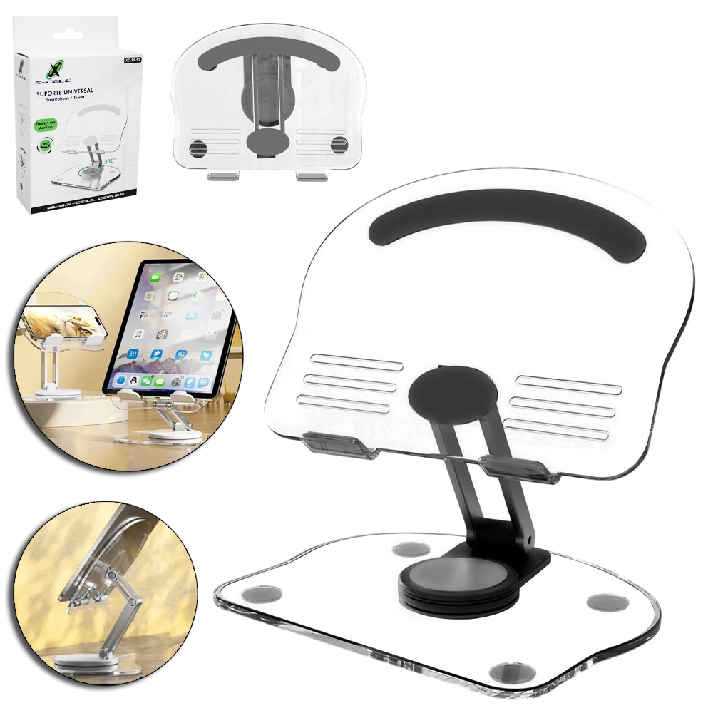 SUPORTE UNIVERSAL 360º PARA CELULAR / TABLET DE MESA DE ACRILICO DOBRAVEL X-CELL  