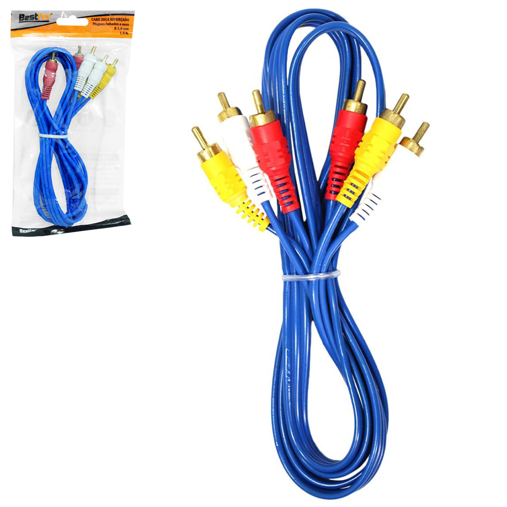 CABO DE AUDIO E VIDEO 3RCA MACHO X 3RCA MACHO REFORCADO AZUL 1,5M