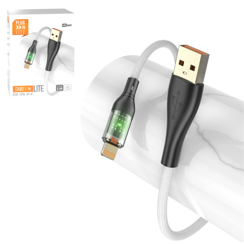 CABO PARA CELULAR USB X IP5/6/7/8/X/11/12/13/14 2A COM LUZ 1M