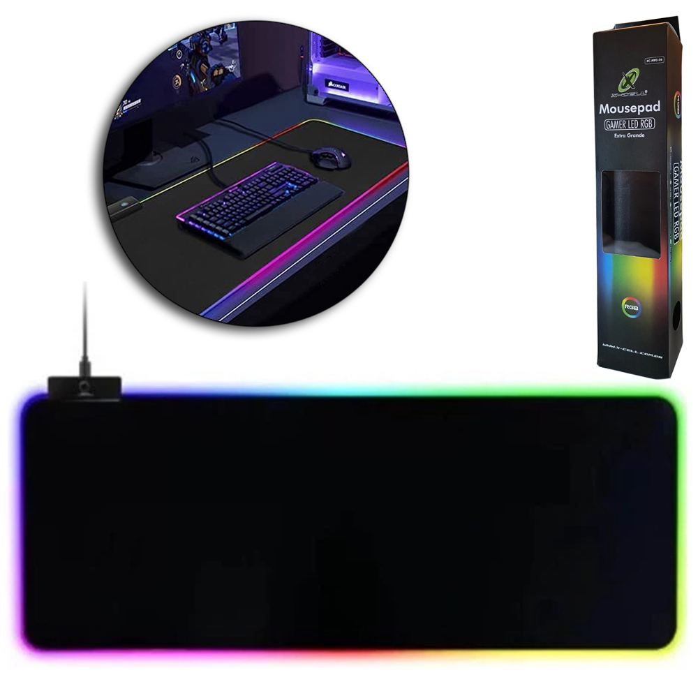 MOUSE PAD GAMER LED RGB EXTRA GRANDE EMBORRACHADO ANTIDERRAPANTE COM CABO USB X-CELL 90X40CM