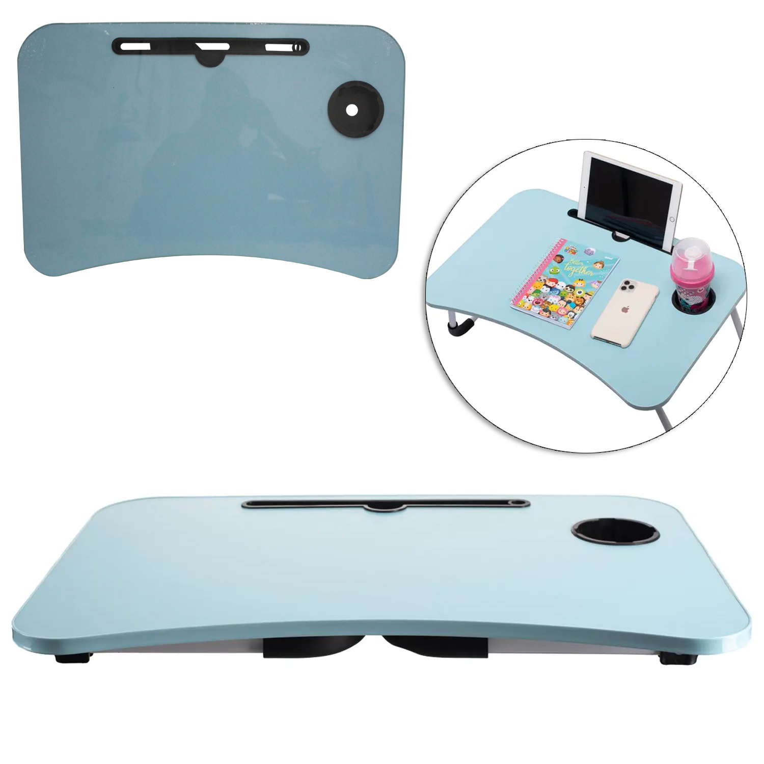 MESA SUPORTE DE MADEIRA MDF RETANGULAR AZUL PARA NOTEBOOK COM PORTA COPO + PES RETRATEIS METAL 60X40X28CM