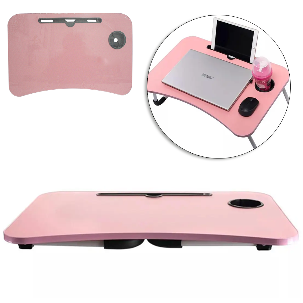 MESA SUPORTE DE MADEIRA MDF RETANGULAR ROSA PARA NOTEBOOK COM PORTA COPO + PES RETRATEIS METAL 60X40X28CM
