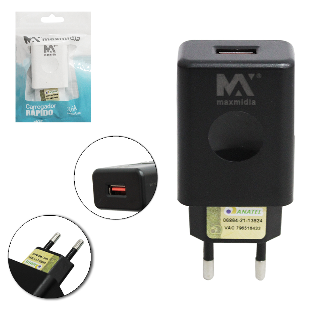 CARREGADOR DE TOMADA BIVOLT RAPIDO COM 1 SAIDA USB 3.6A MAXMIDIA