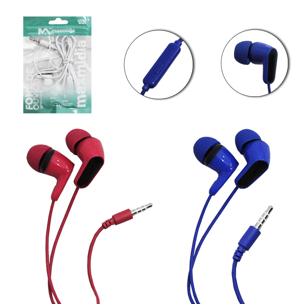 FONE DE OUVIDO IN EAR P3 COM MICROFONE EXTRA BASS MAXMIDIA 120CM