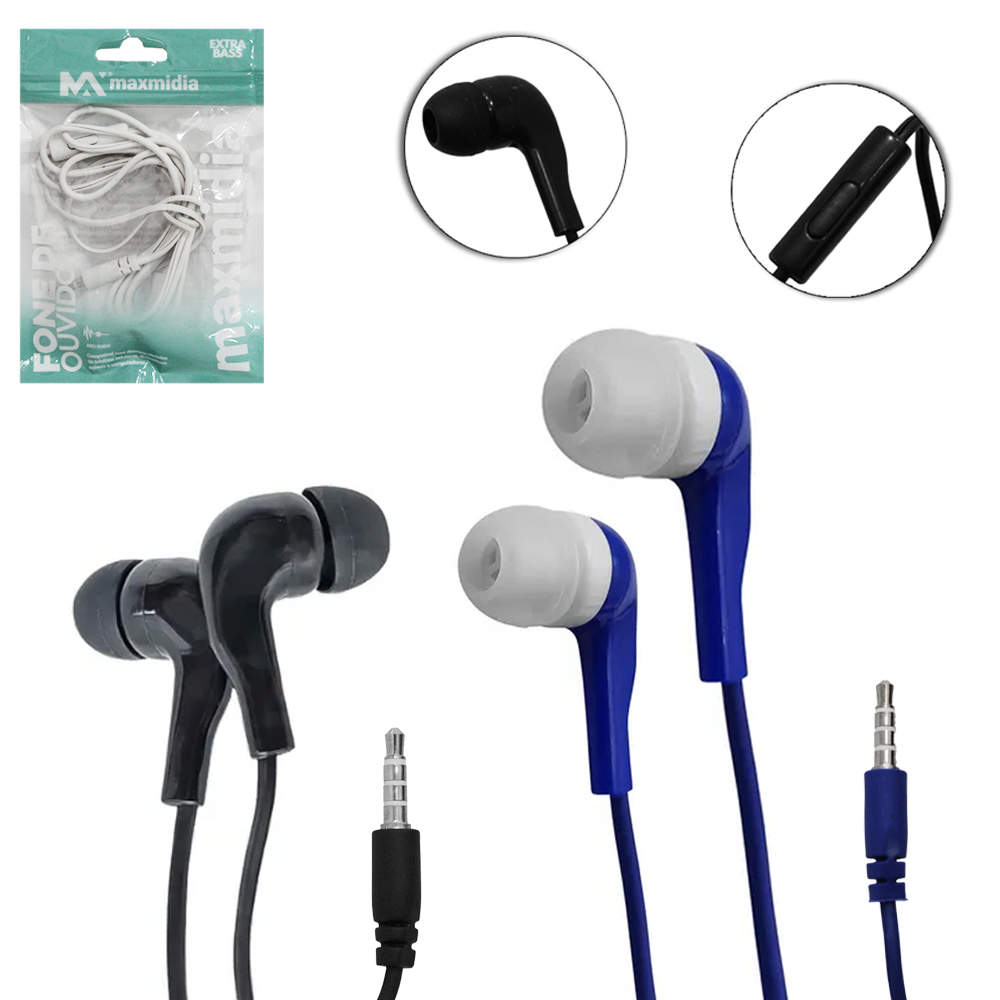 FONE DE OUVIDO IN EAR P3 COM MICROFONE EXTRA BASS MAXMIDIA 110CM