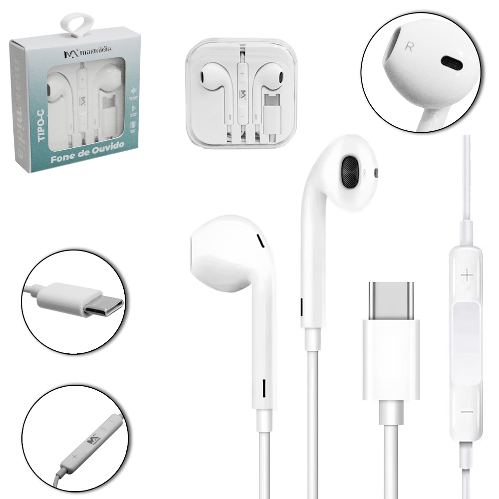 FONE DE OUVIDO IN EAR TIPO C COM MICROFONE SUPER BASS MAXMIDIA 120CM