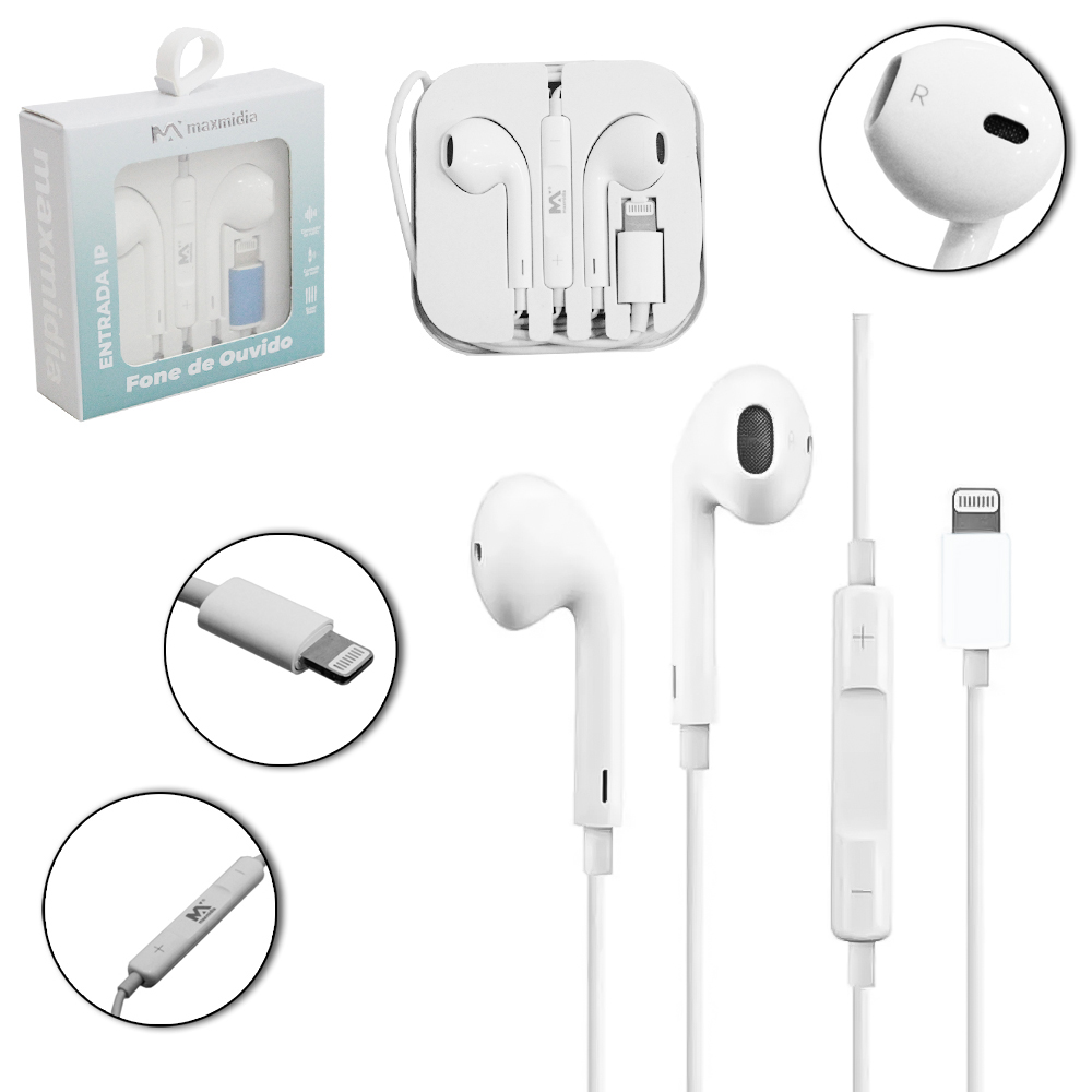 FONE DE OUVIDO IN EAR ESTEREO IP5/6/7/8/X COM MICROFONE SUPER BASS MAXMIDIA 120CM