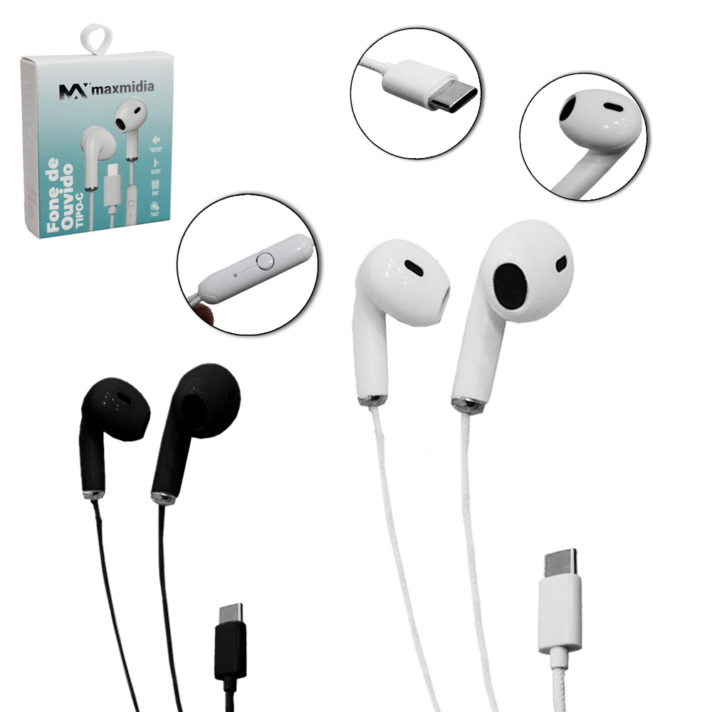 FONE DE OUVIDO IN EAR TIPO C COM MICROFONE SUPER BASS MAXMIDIA 120CM