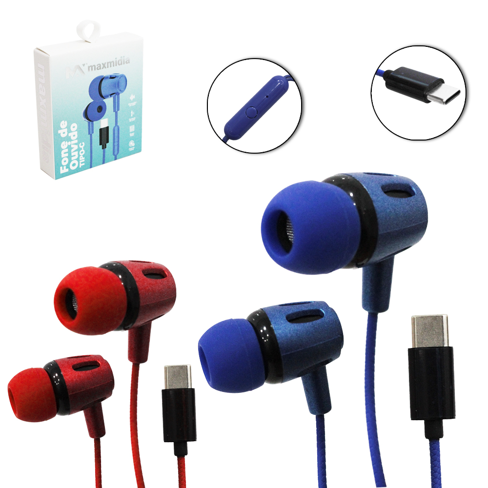 FONE DE OUVIDO IN EAR TIPO C COM MICROFONE SUPER BASS MAXMIDIA 120CM