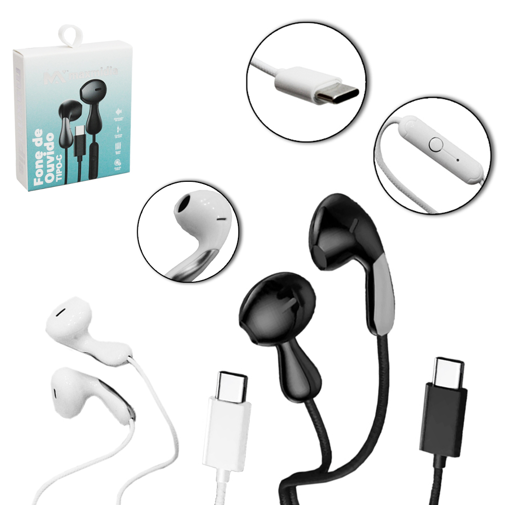 FONE DE OUVIDO IN EAR TIPO C COM MICROFONE SUPER BASS MAXMIDIA 120CM