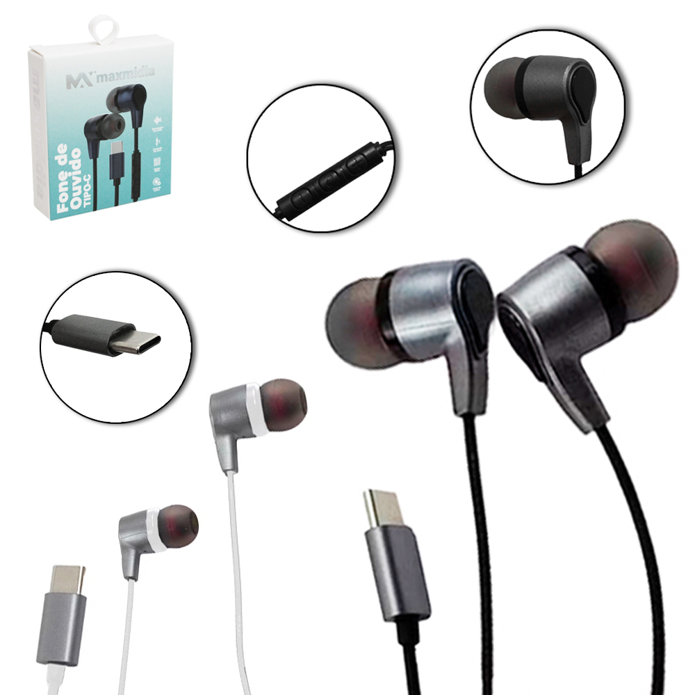 FONE DE OUVIDO IN EAR TIPO C COM MICROFONE SUPER BASS MAXMIDIA 120CM