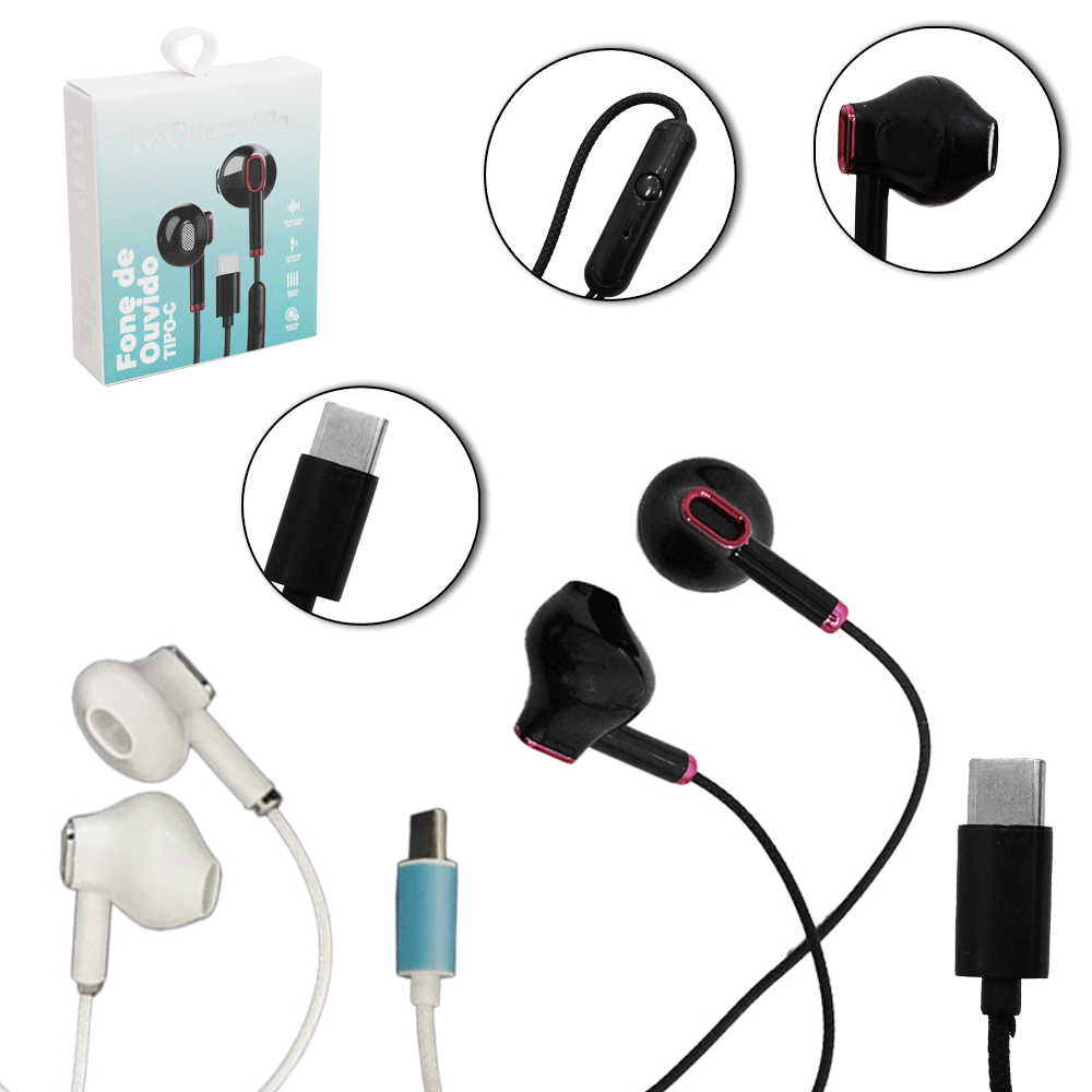 FONE DE OUVIDO IN EAR TIPO C COM MICROFONE SUPER BASS MAXMIDIA 120CM