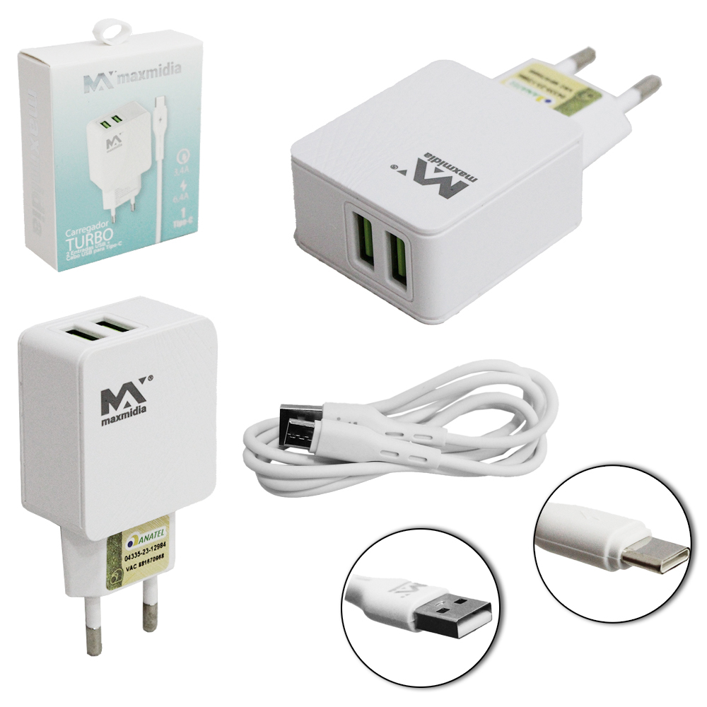 CARREGADOR DE TOMADA BIVOLT TURBO COM 2 SAIDAS USB 3.4A/6.4A + CABO TIPO C MAXMIDIA 1M