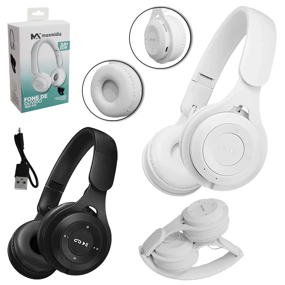 FONE DE OUVIDO DOBRAVEL BLUETOOTH / AUX / FM / TF ESTEREO RECARREGAVEL + CABO USB MAXMIDIA