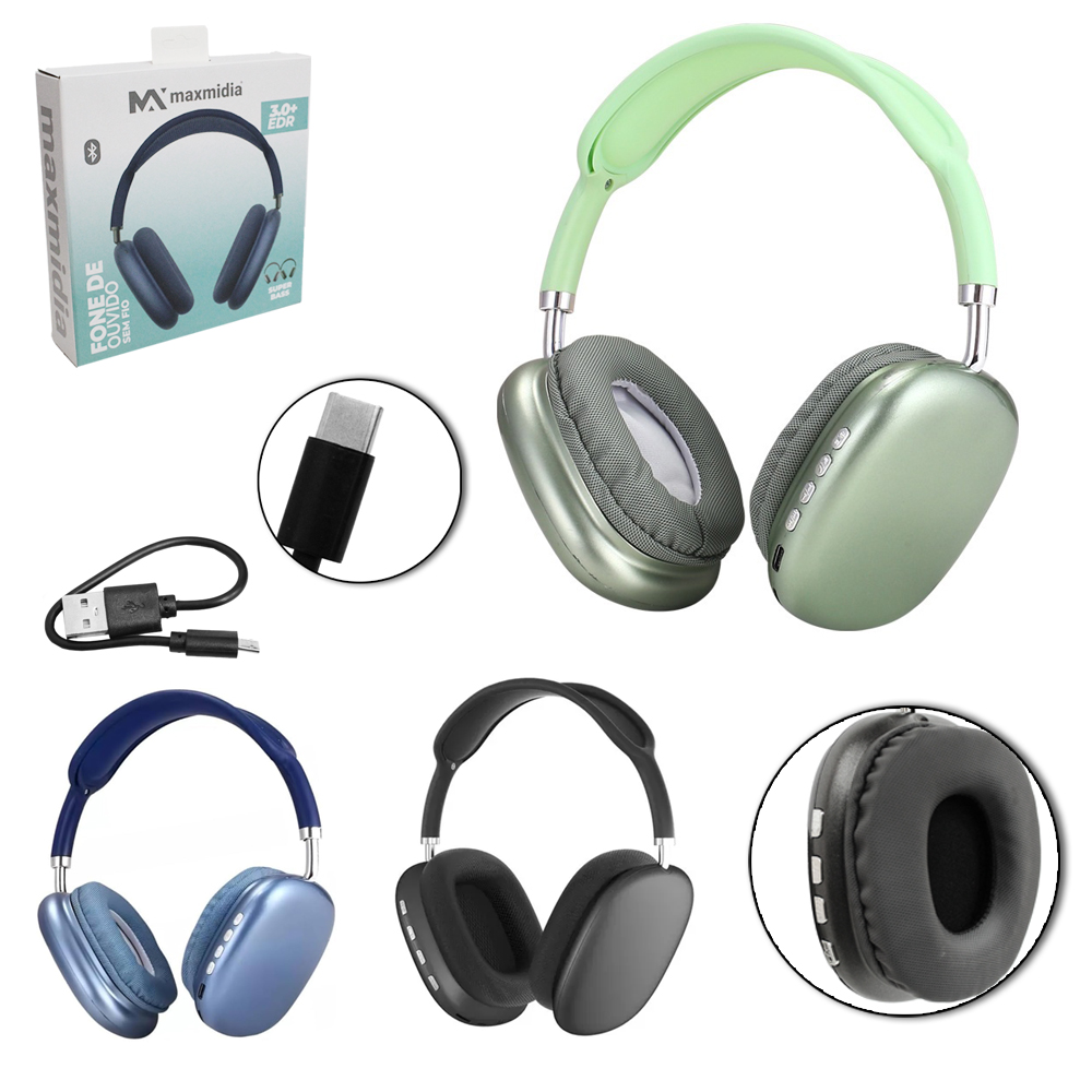 FONE DE OUVIDO BLUETOOTH / AUX / FM / TF SUPER BASS RECARREGAVEL + CABO USB MAXMIDIA