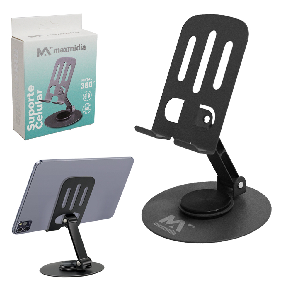 SUPORTE PARA CELULAR DE MESA DE METAL DOBRAVEL 360º MAXMIDIA 12,5X8,5CM DE Ø