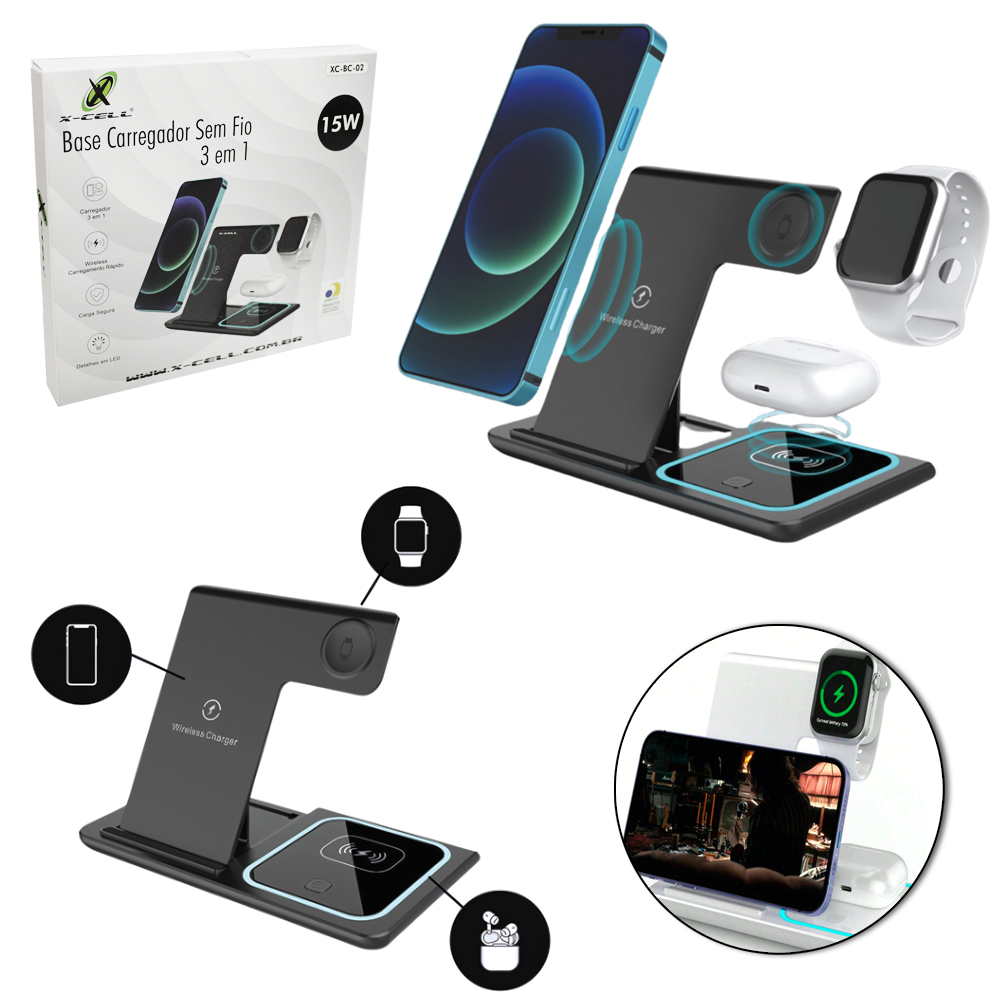 BASE CARREGADOR SEM FIO 3 EM 1 15W POR INDUCAO PARA CELULAR / RELOGIO E FONE DE OUVIDO + CABO USB TIPO C X-CELL