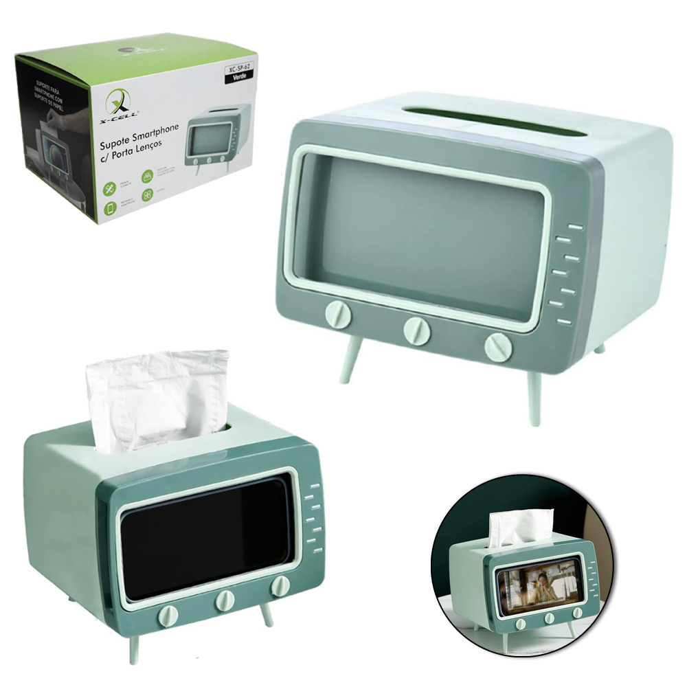 SUPORTE PARA CELULAR COM PORTA LENCOS DE PAPEL DE MESA DE PLASTICO RETANGULAR TV X-CELL 18,5X15X13,5CM