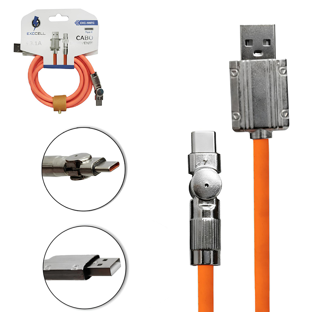 CABO PARA CELULAR USB X TIPO C 3,1A COM LUZ 180º EXOCELL 1M