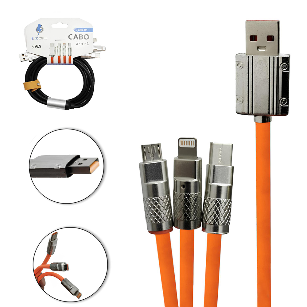 CABO PARA CELULAR 3 EM 1 USB X TIPO C + V8 E IP5 / 6 / 7 / 8 / X 6A COM LUZ EXOCELL 1,2M
