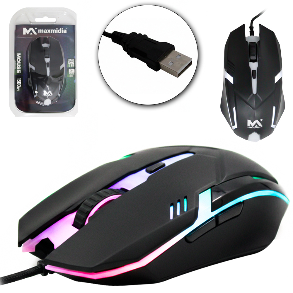 MOUSE OPTICO GAMER COM FIO USB + LUZ 1500 DPI MAXMIDIA 1,5M