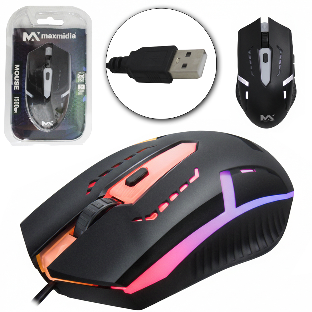 MOUSE OPTICO GAMER COM FIO USB + LUZ 1500 DPI MAXMIDIA 1,5M