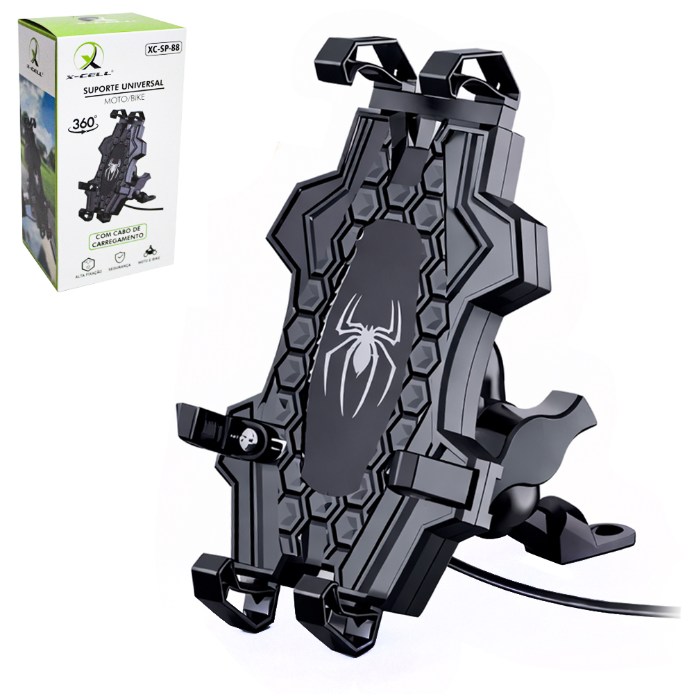 SUPORTE UNIVERSAL DE CELULAR PARA BIKE E MOTO COM CARREGADOR USB + CHAVE PHILIPS CABO PLASTICO X-CELL