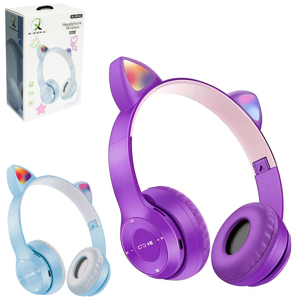 FONE DE OUVIDO GATINHA DOBRAVEL HEADPHONE WIRELESS BLUETOOTH / AUX / FM / TF RECARREGAVEL COM LED + CABO USB X-CELL