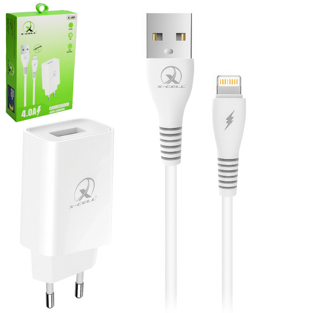CARREGADOR DE TOMADA BIVOLT CHIP INTELIGENTE COM 1 SAIDA USB 4.0A + CABO LIGHTNING X-CELL 1M
