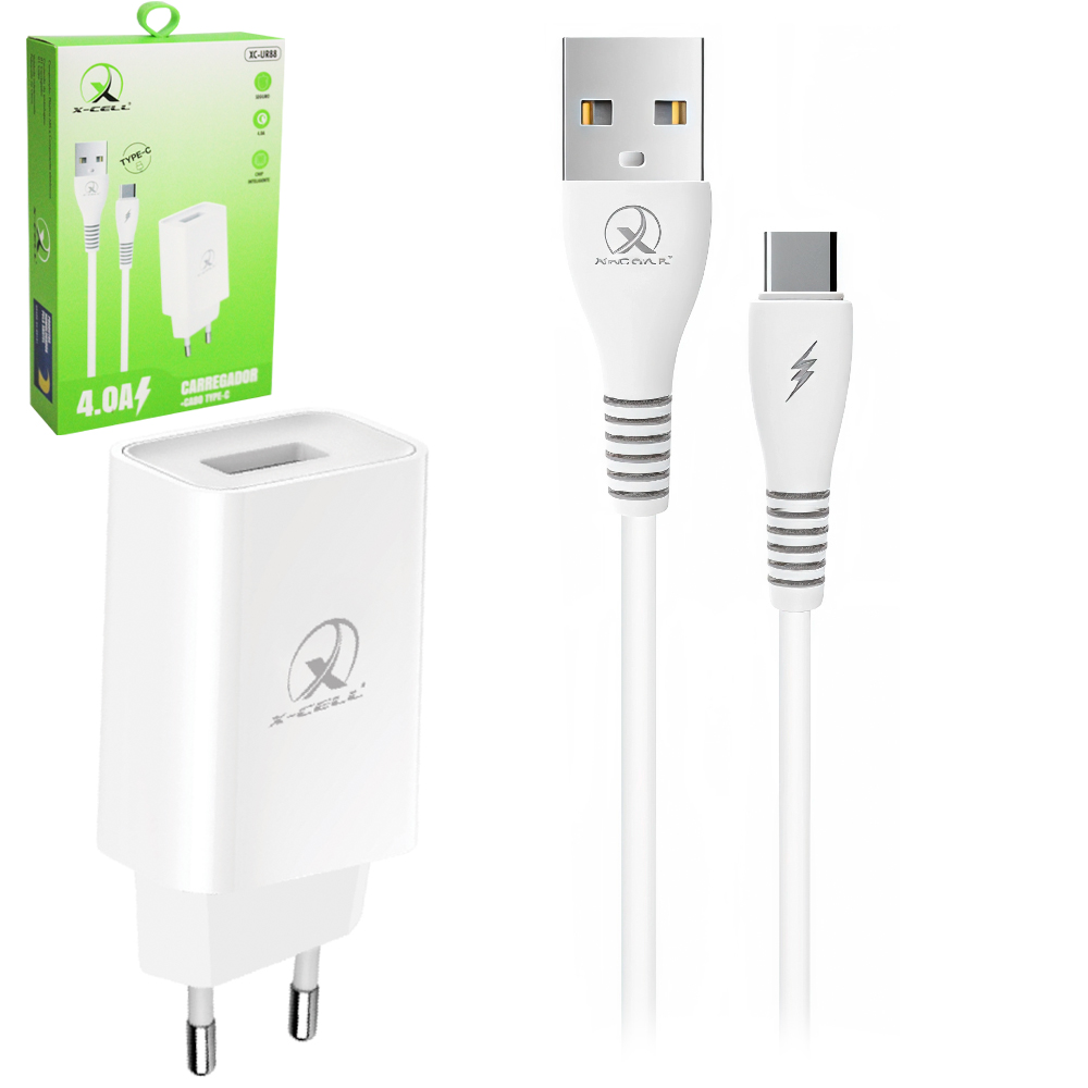 CARREGADOR DE TOMADA BIVOLT CHIP INTELIGENTE COM 1 SAIDA USB 4.0A + CABO TIPO C X-CELL 1M