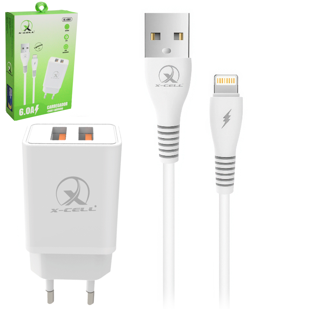 CARREGADOR DE TOMADA BIVOLT CHIP INTELIGENTE COM 2 SAIDAS USB 6.0A + CABO LIGHTNING X-CELL 1M