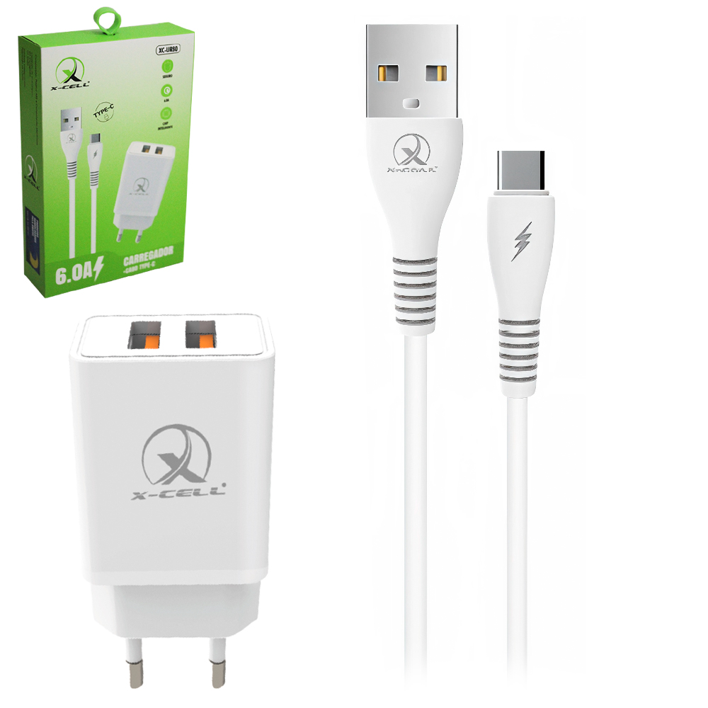 CARREGADOR DE TOMADA BIVOLT CHIP INTELIGENTE COM 2 SAIDAS USB 6.0A + CABO TIPO C X-CELL 1M