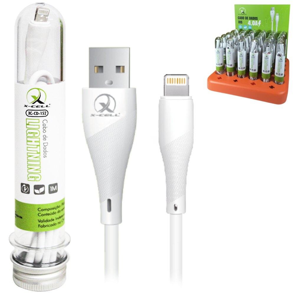 CABO PARA CELULAR LIGHTNING USB 4.0A CHIP INTELIGENTE X-CELL 1M NO TUBO DP PLAY