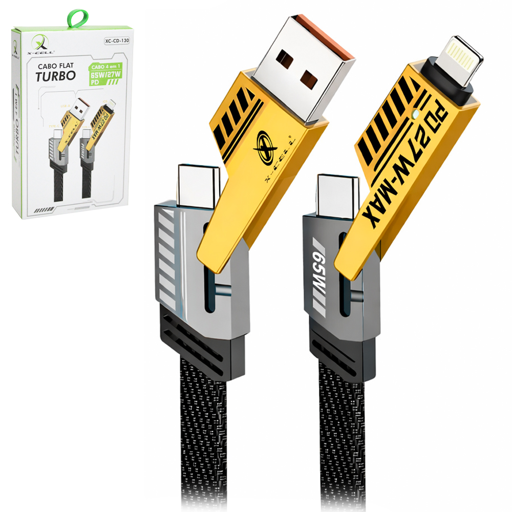 CABO PARA CELULAR FLAT TURBO LIGHTNING + TIPO C E USB 4 EM 1 65/27W PD X-CELL 1,2 M