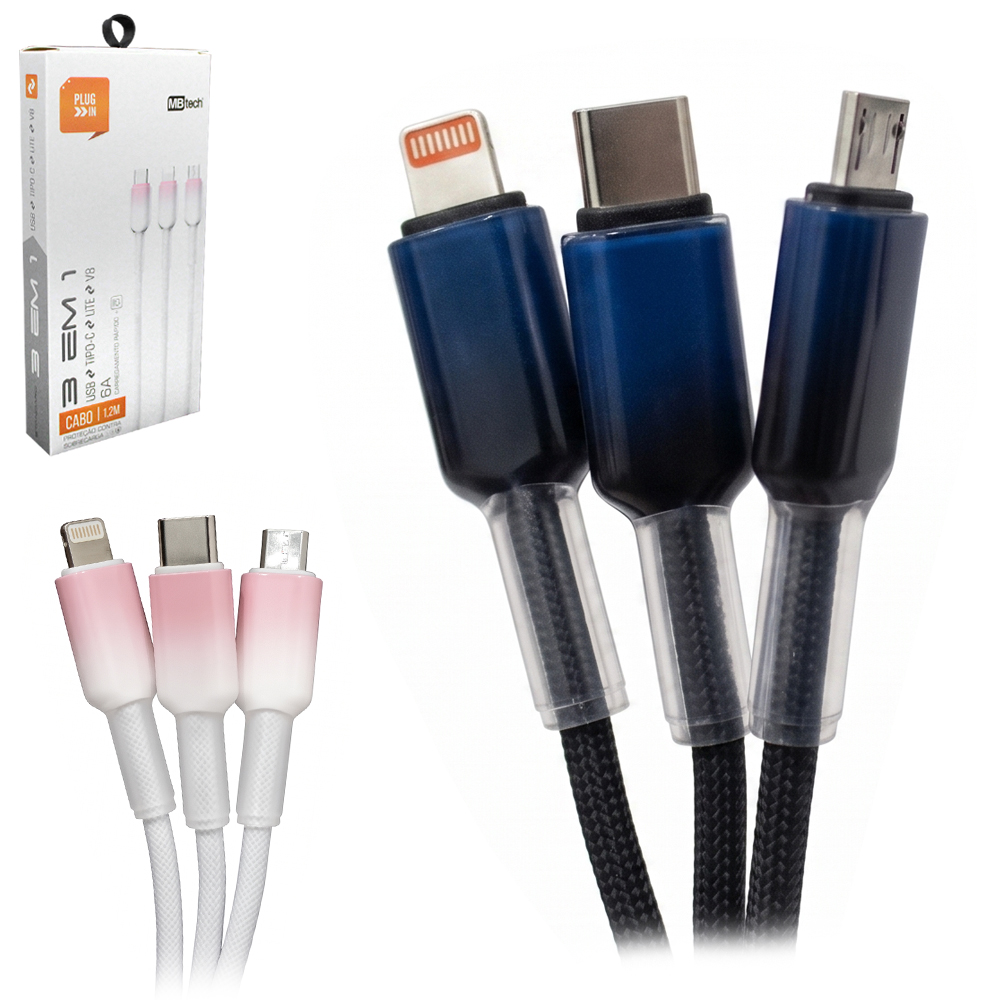CABO PARA CELULAR LIGHTNING + TIPO C E V8 USB 3 EM 1 6A 1,2M