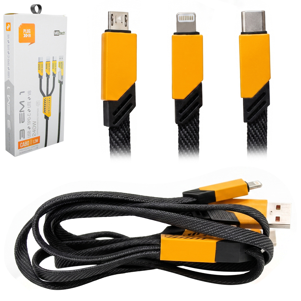 CABO PARA CELULAR LIGHTNING + TIPO C E V8 USB E TIPO C 3 EM 1 240W 1,2M