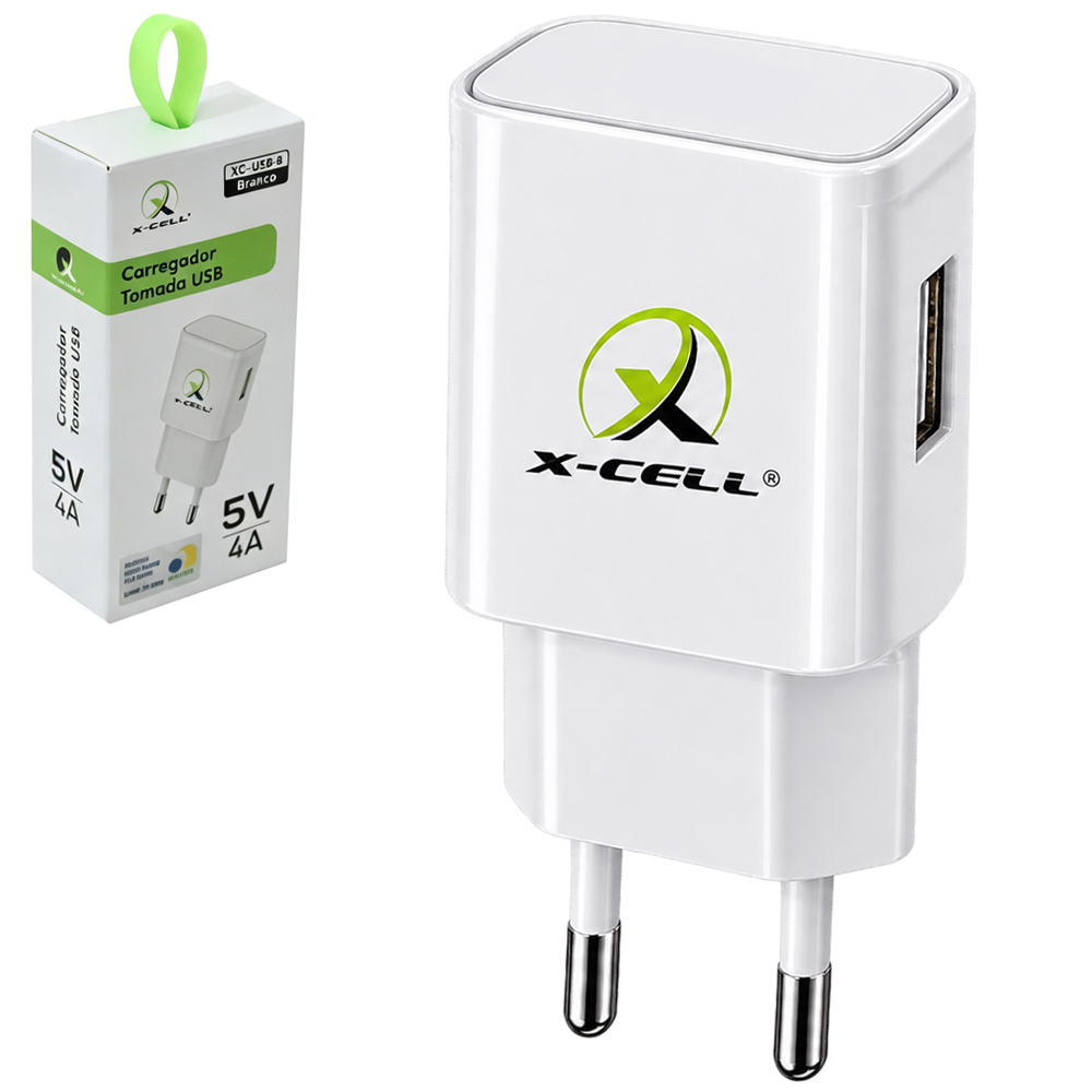 CARREGADOR DE TOMADA BIVOLT COM 1 SAIDA USB 5V 4A X-CELL BRANCO 
