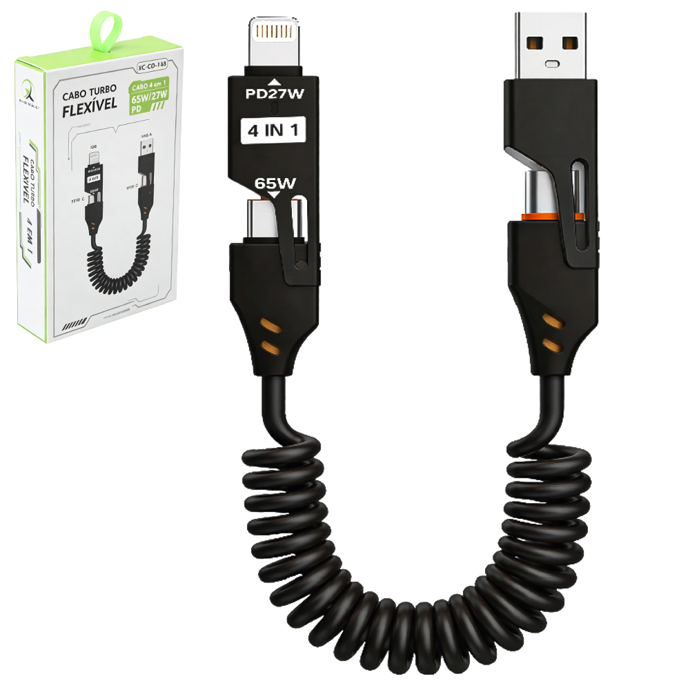 CABO PARA CELULAR TURBO FLEXIVEL LIGHTNING + TIPO C E USB 4 EM 1 65/27W PD X-CELL 1,2M