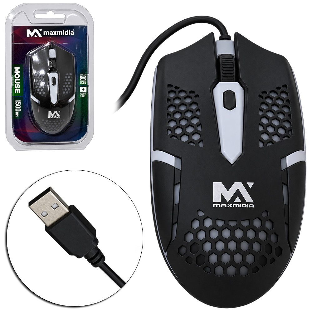 MOUSE OPTICO GAMER COM FIO USB + LUZ 1500 DPI MAXMIDIA 1,5M
