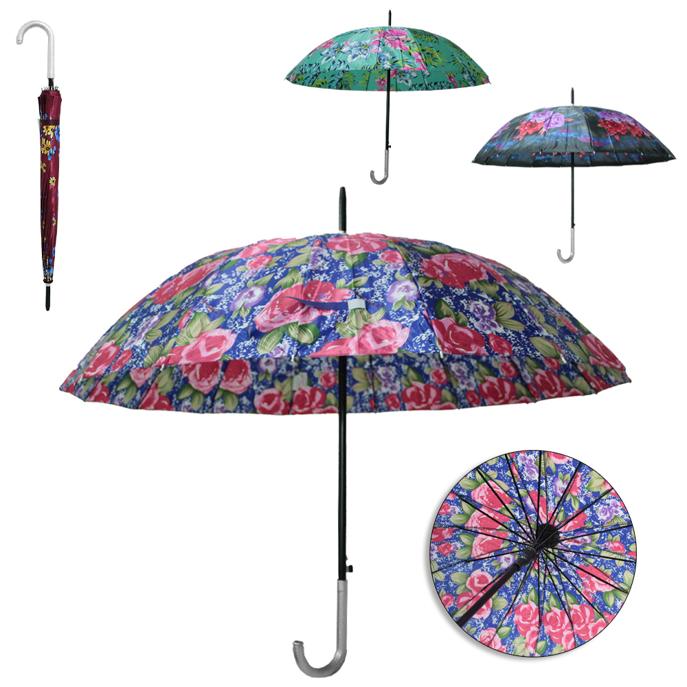 GUARDA CHUVA DE POLIESTER AUTOMATICO PORTARIA 16 VARETAS CABO CURVO 90CM DE Ø 