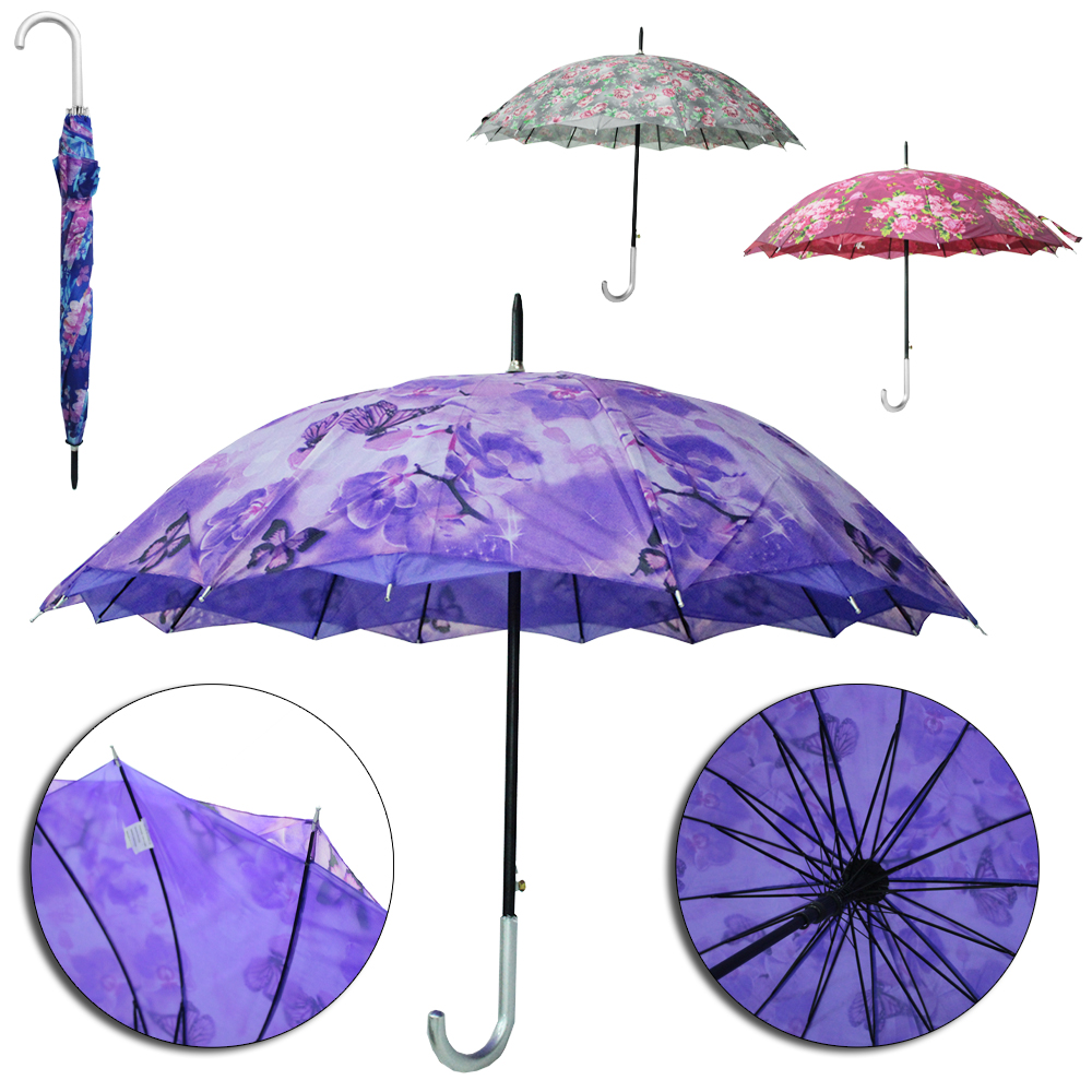 GUARDA CHUVA DE POLIESTER AUTOMATICO PORTARIA 16 VARETAS CABO CURVO 98CM DE Ø 