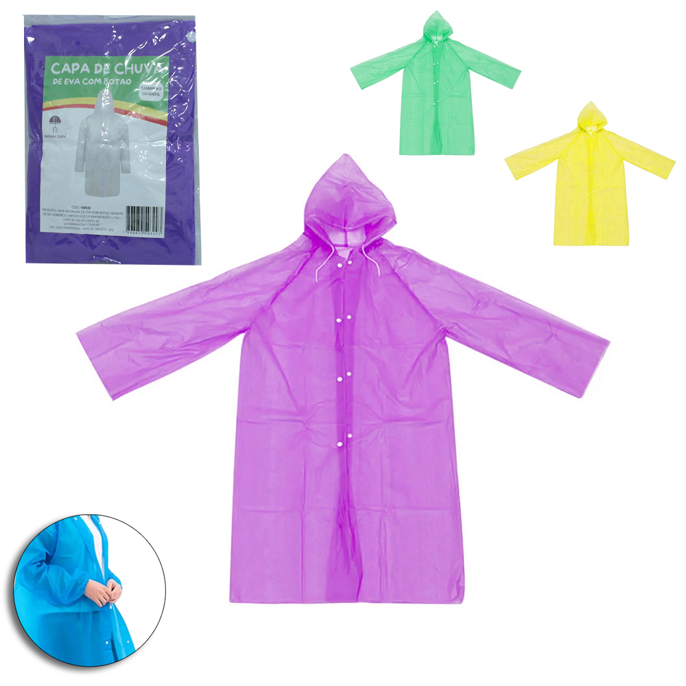 CAPA DE CHUVA INFANTIL DE EVA COM BOTAO + CORDAO NO CAPUZ RAINY DAY